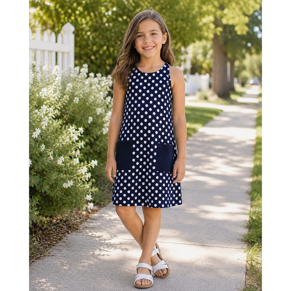 Hanna Andersson Girls Navy Blue White Polka Dot Cotton Sleeveless Dress Sz 130 8